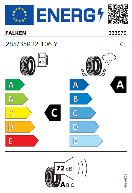 Tyre Label for Falken Azenis FK510 SUV 285/35R22 106Y