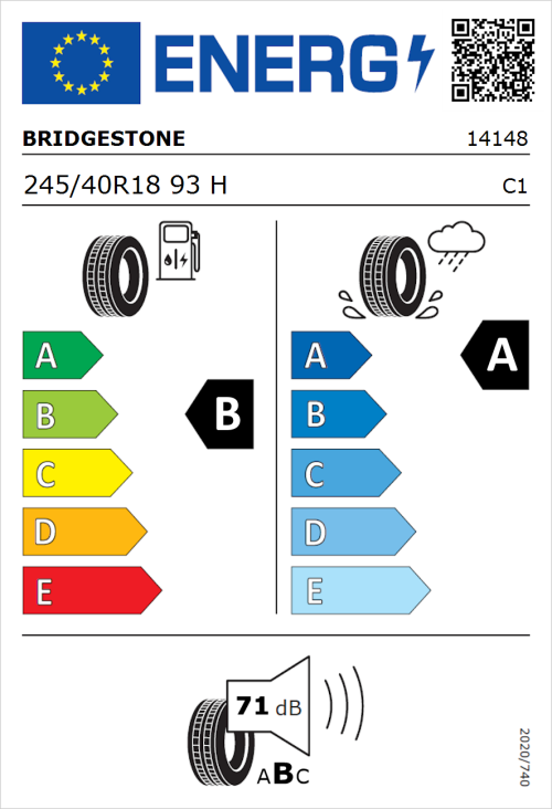 Tyre Label for Bridgestone Turanza T001 245/40R18 93H