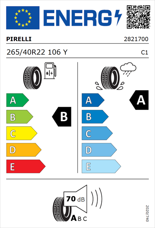 Tyre Label for Pirelli P Zero (PZ4) Sport Car 265/40R22 106Y