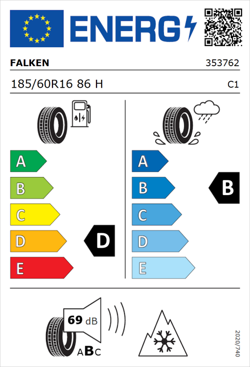 Tyre Label for Falken Eurowinter HS02 185/60R16 86H