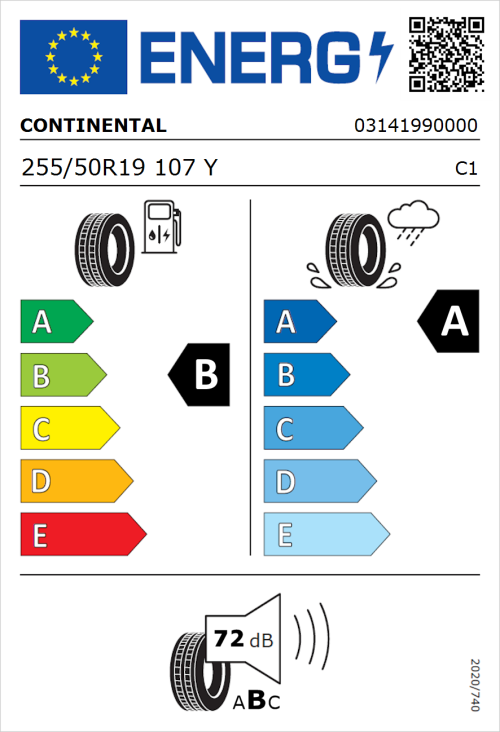 Tyre Label for Continental Premium Contact 7 255/50R19 107Y