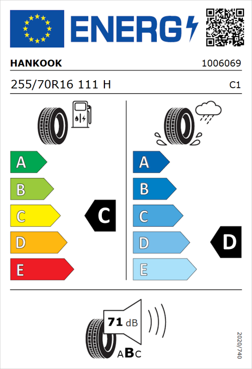 Tyre Label for Hankook Dynapro HP RA23 255/70R16 111H