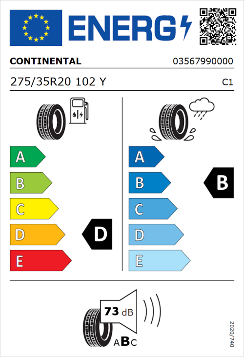 Tyre Label for Continental SportContact 2 275/35R20 102Y