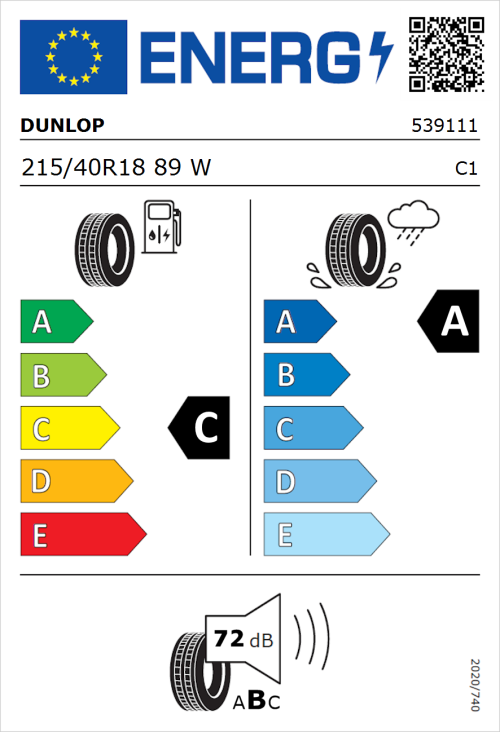 Tyre Label for Dunlop SP Sport Maxx RT 2 215/40R18 89W
